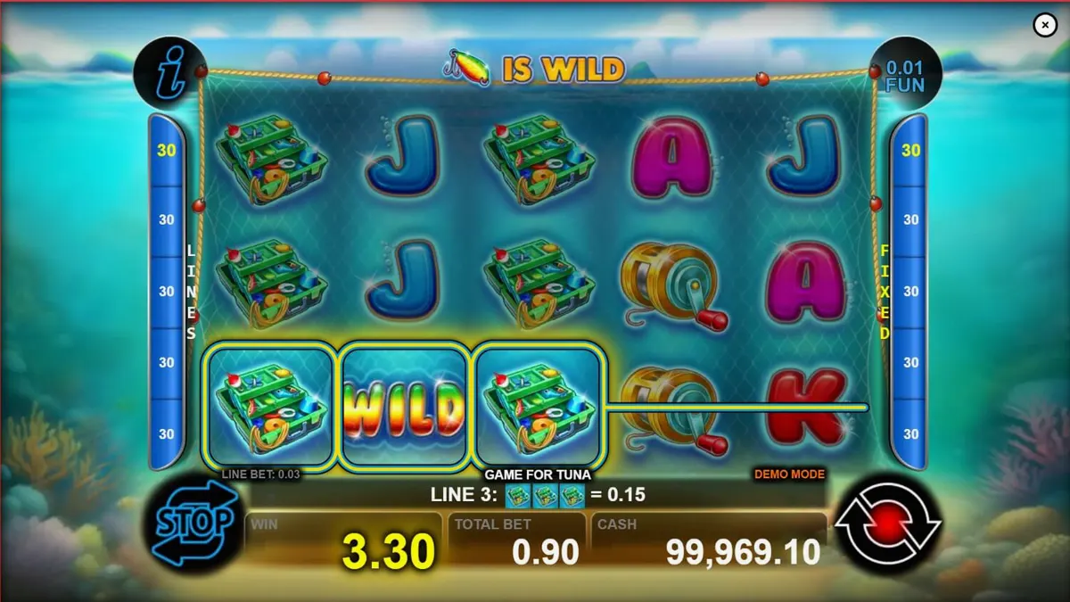 Pemandangan bawah laut yang indah dalam slot Game For Tuna dengan simbol ikan tuna dan peralatan memancing.
