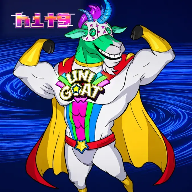 Tampilan visual permainan slot Unigoat dengan karakter kambing dan simbol bertema fantasi.